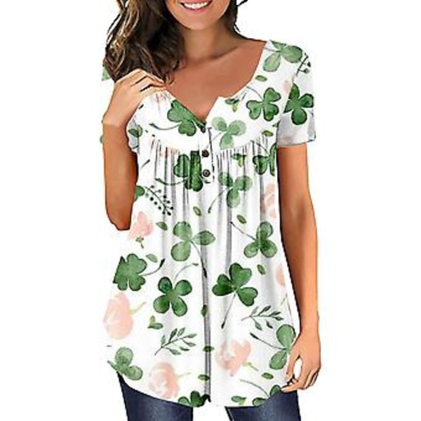 St. Patricks Day Tunika Topp for Kvinner med Lykkekløvertrykk - Sommer, Løstsittende T-skjorte, Irisk Dag, Avslappet, Kort Erme, Bluser (L D)