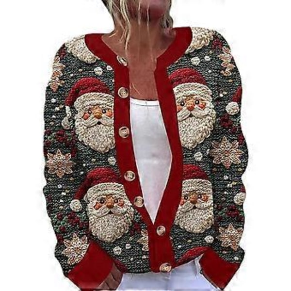 Ful Christmas-tröja för kvinnor, Jul-knapptröja, Vinterstickad Ytterkläder, Kavaj (2XL A)