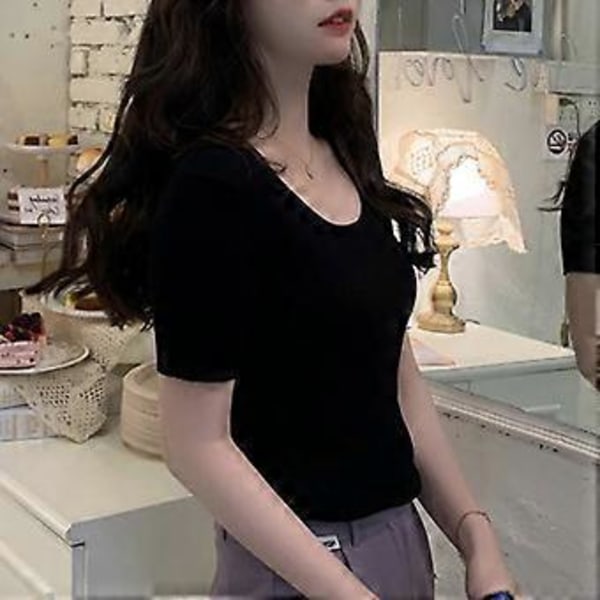 Dame Kortærmet Firkantet Hals T-shirts Slim Fitted Sommer Ribstrikket Basic Casual Tee Toppe (sort)