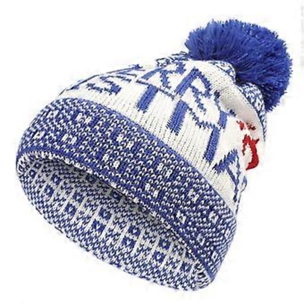 Jul Älg Pälsboll Tryck Stickad Julhatt Vinter Varmt Öronskydd Huvudskydd Ullhatt (blå)