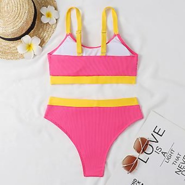 Dame Badetøy Sommer Fargeblokk Ribbet Bikini Polstret Badetøy Badetøy Strandtøy Svømmedrakt (L Rose Red)