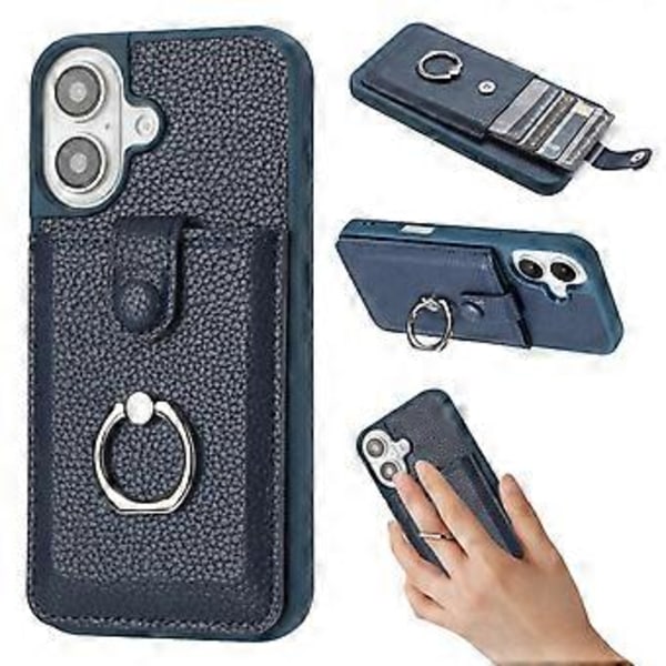 Skal för iPhone 16 Plus Ritningsdesign Kortfack Läder Baksida med Ringstöd (Stil D)