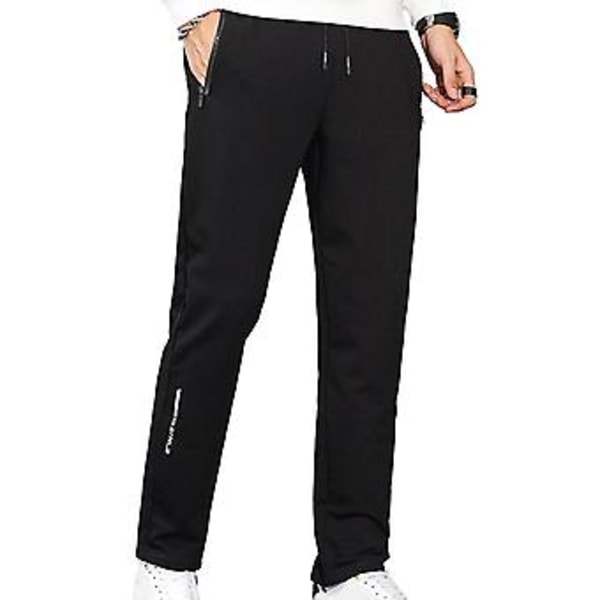 Mäns Vinterbyxor Mjuka Tjocka Elastisk Midja Enfärgad Lös Rak Byxor Med Snodd Fickor Casual Sportbyxor Män Höst Joggingbyxor (M Svart)