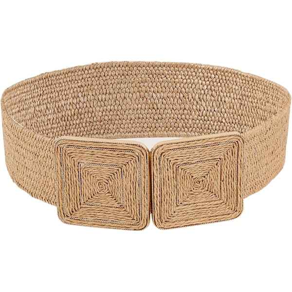 Raffia Belt Stretchy Belt for Women, Symmetrical Buckle Straw Wide Woven Belt for Dress, Summer Elastic Waistband