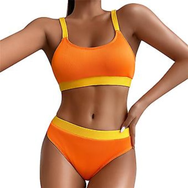 Damernas Baddräkt Sommar Färgblock Ribbad Bikini Vadderad Baddräkt Strandkläder Baddräkt (XL Orange)