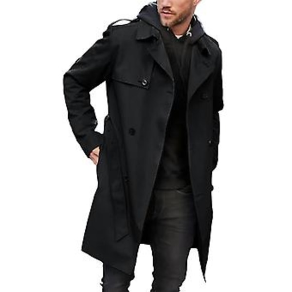 Herrar Höst Vinter Enfärgad Vindjacka Krage Långärmad Dubbelknäppt Fickor Bälte Slim Fit Lång Rock Streetwear (S Svart)