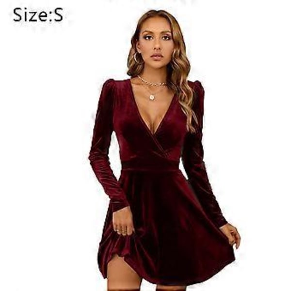 Dame Wrap V-hals Langærmet Fløjl A-linje Fest Swing Fit and Flare Skater Mini Kjole - claret (style17)