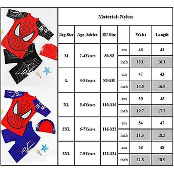 Marvel Spider-Man Badedraktsett for Gutter (3 deler) - Sommerstrandbadedrakt Topp Shorts Hatt (7-9 år, Svart)