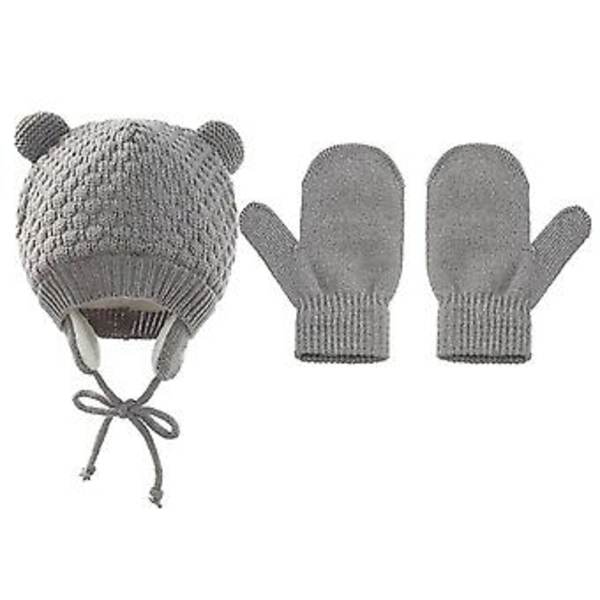 Vinter Baby Hatt Vante Set För Barn Beanies Barn Pom Stickad Mössa Varm Bonnet Suit (Grå)