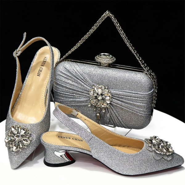 Italiensk design Ins lille firkantet æske håndtaske med diamant spænde spidse tå kvinders sko store kvindersko.37.Champagne farve