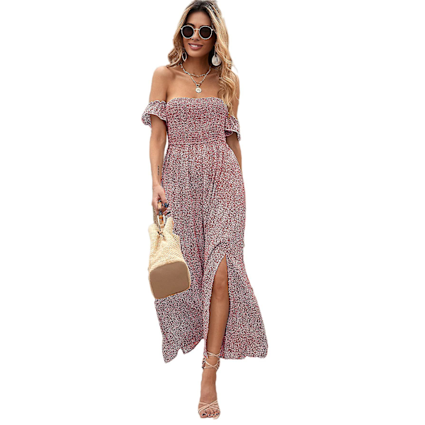 Kvinnors Boho Blommig Tryck Off Shoulder Split Lång A Linje Klänning（XXL Rosa）