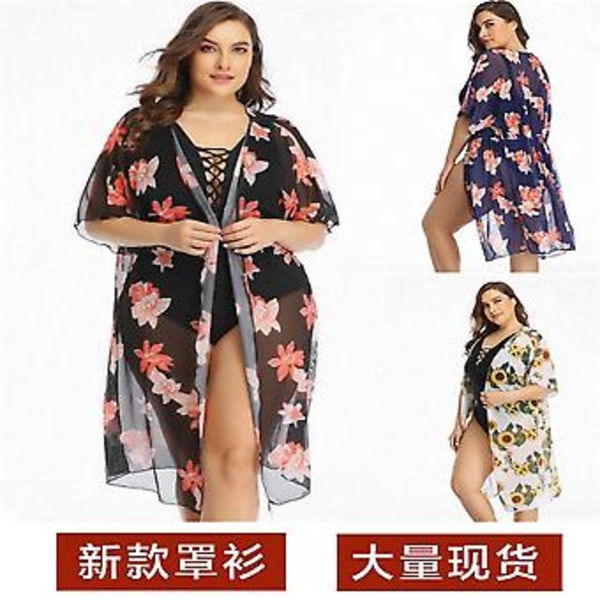 Piges badedragt bluse mesh blomsterprint sexet lang dame strand cover-up dame badetøj Sort baggrund med orange mønster