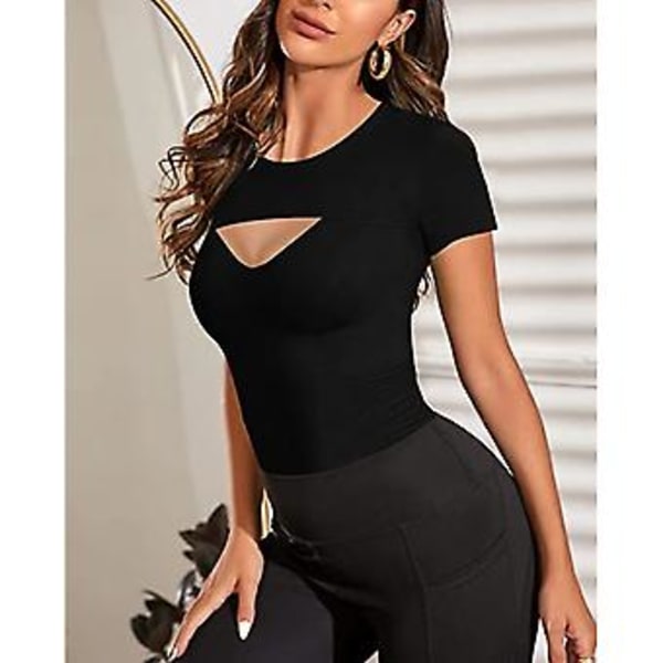 Kvindes Bluser med Udsnit Foran Kortærmet Bodycon Slim Fit Ren Farve Åndbar Trøje (XXL Sort)