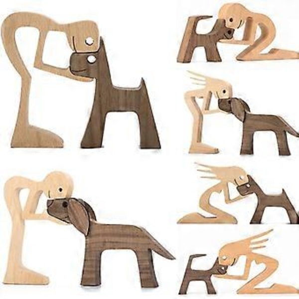 SZTXJ Familj valp träsnideri ornament, naturligt massivt trä husdjur hund familj hantverk snideri, handskurna kreativa gåvor (hund och flicka)