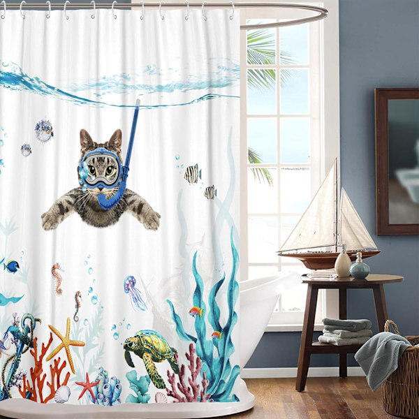 Rolig Katt Duschdraperi Set Teal Blå Hav Ocean Vattentät Fabri