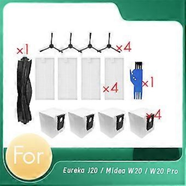 For Eureka J20 / Midea W20 / W20 Pro Selvtømmende Robotstøvsuger Hovedbørste Sidebørste Hepa Filter Støvpose
