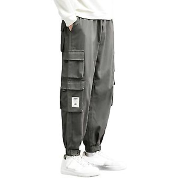 Män Cargo Byxor Ankelbandade Flera Fickor Enfärgad Elastisk Midja Lös Varma Hip Hop Plus Storlek Våryxor för Skola (XL Grå)