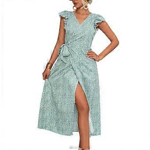 Sommar Klänning för Kvinnor, Wrap-modell, Kapärmar, V-ringning, Knytband i Midjan, Slitstängt, Blommigt Mönster, Lös, Casual (XL Grön)
