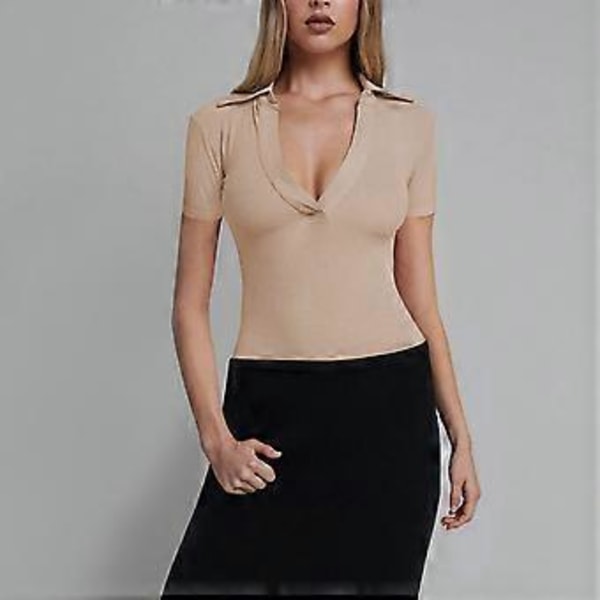 Åtsittande Jumpsuit Topp Slank Djup V-ringad Kortärmad Enfärgad Nedåtvänd Krage Ribbad En-delad Topp (XL Beige)