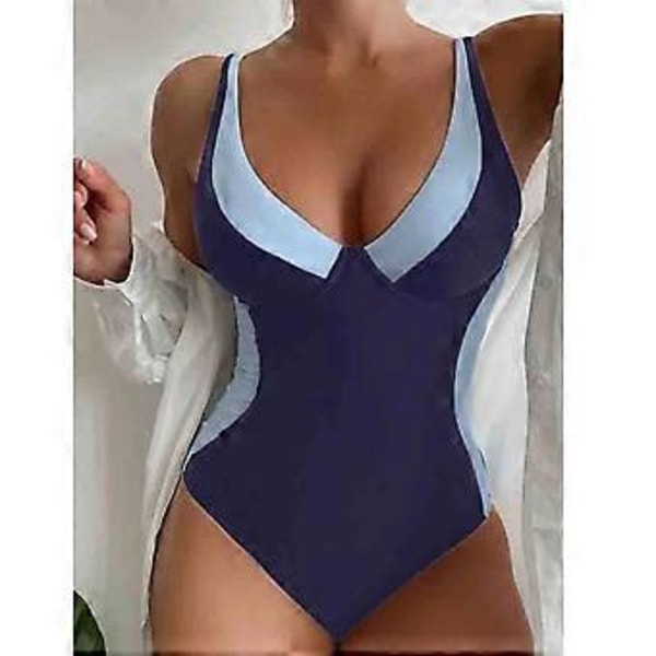 Damernas Baddräkt Färgblock Scoop Hals Krage En Delig Baddräkt Stretchig Elegant Baddräkt Bikini Simdräkt (S Blå)