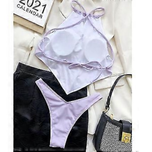 Dam Badkläder Baddräkt Högmidjad Baddräkt Tvådelad Baddräkt Bikini Set Bikini Fiis Flerfärgad Valfri (M LILA)