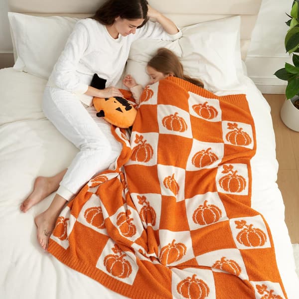 130cm*150cm Efterår Græskar Ternet Fleecetæppe, Halloween Indretning Plaid, Blødt Hjemme Sofa Lur Tæppe