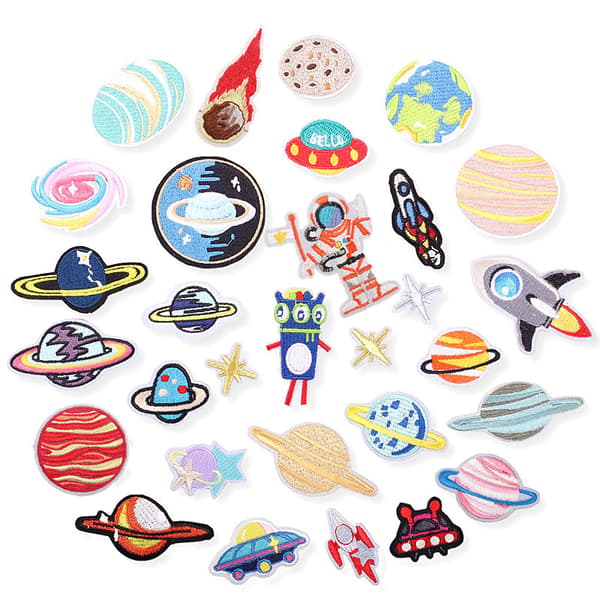 30 st. Datorbroderade lappar, astronautbroderade tygplattor