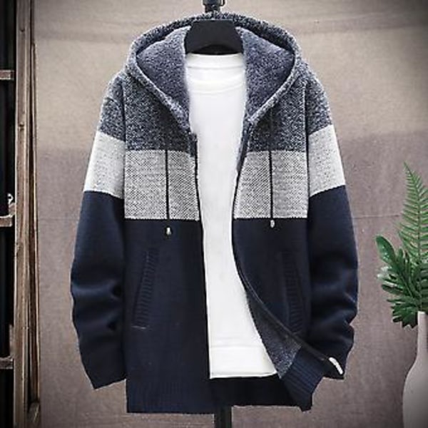 Herrar Hooded Coat Färgblock Stickad Höst Vinter Tjock Plush Foder Varm Cardigan Tröja för Kontor (2XL Marinblå)