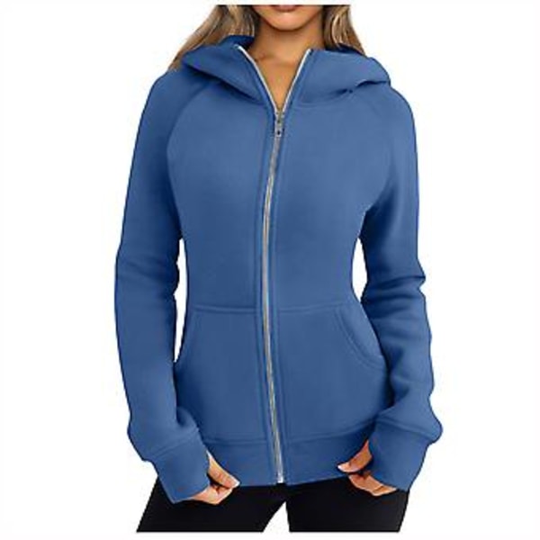 Dragkedja Hoodie för Kvinnor Fleecejackor Tröjor Höstkläder Tröjor Med Fickor Vinter Y2k Kläder XXL Blå