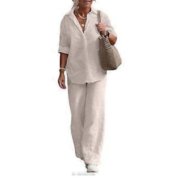1 Sæt Trendy Dame Afslappet Skjorte Bukser Sæt Plus Size Bomuld Hør Top Brede Ben Løse Outfits Pendlersæt (L mørkeblå)