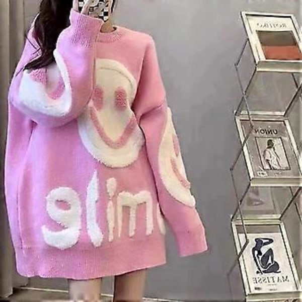 Vinter Dame Fortykket Varmt Smilende Ansigt Sweater Løs Casual Dame Striktrøje Rund Hals Dame Top (pink)