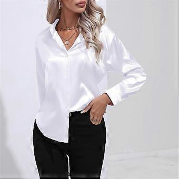 Vår Høst Sateng Bluse Imitert Silke Langermet Skjorte for Dame Plus Size Løse Topper (M hvit)