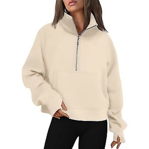 Dame Sweatshorter Halv Zip Croppede Trøjer Fleece Kvart Zip Hoodies Efterårs Outfits Tøj Tommelhul Abrikos, S