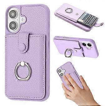 Skal för iPhone 16 Plus Ritningstyp Kortfack Läder Baksida med Ringstativ (Stil B)