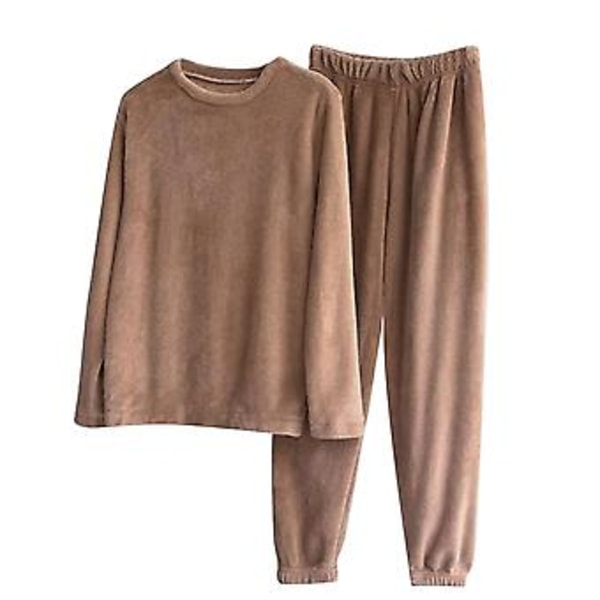 Dam Sweatshirts Set i Solid Färg Mjuk & Varm Korall Fleece Pyjamas Elastisk Hem & Midja Lång (XL Choklad)