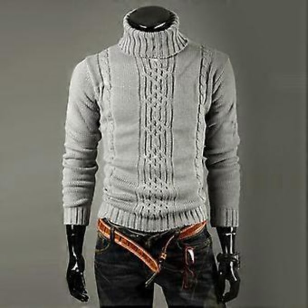 Mænds Vinter Varmt Kabelstrikket Trøje Skildpaddehals Trøje Jumper Tops (XL Lysegrå)