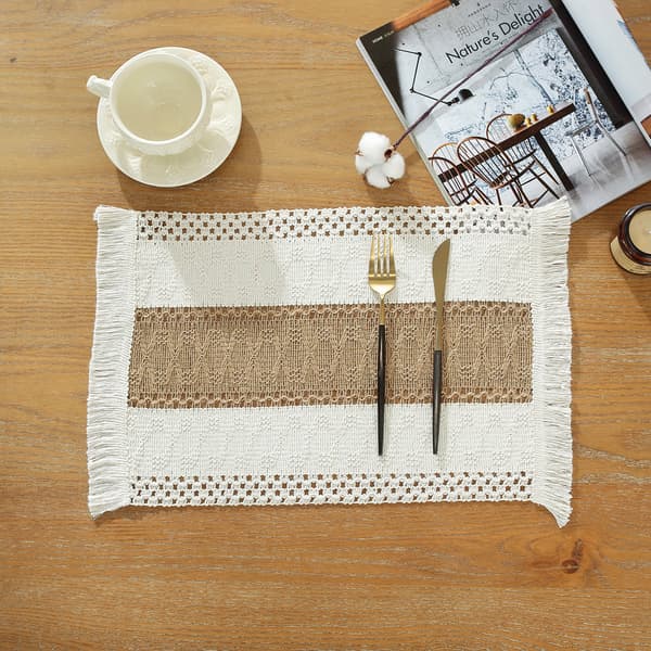 Boho-bordbrikker, sett med 6, makramé-borddekor og bondegårdstil