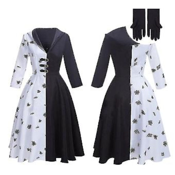 Film 101 Dalmatiner Svart och Vit Häxa Kuira Deville Klänning Handskar Sjal Halloween Cosplay Kostym Set för Kvinnor (XL)