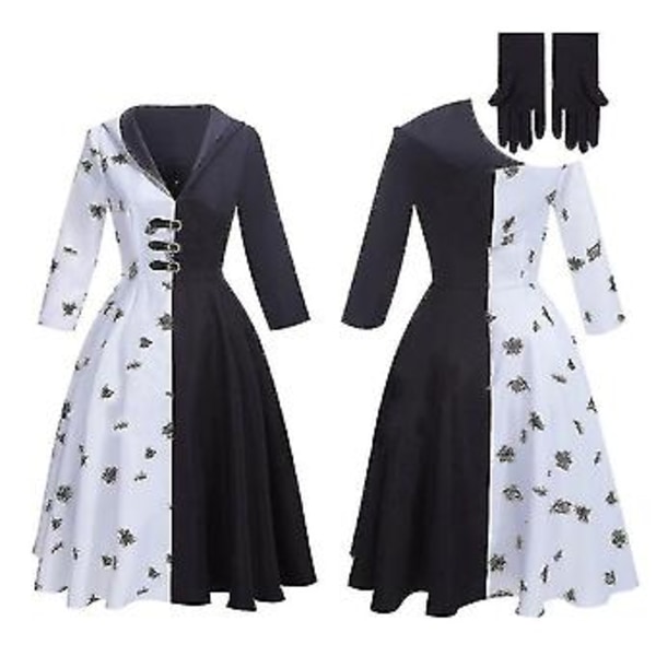 Film 101 Dalmatinere Svart og Hvit Hexe Kuira Deville Kjole Hansker Sjal Halloween Cosplay Kostyme Sett for Kvinner (XL)