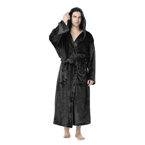 Plus Size Men Luxury Dressing Gown Hooded Warm Fleece Bathrobe Soft & Cozy Lounge Robe Nightwear Black S