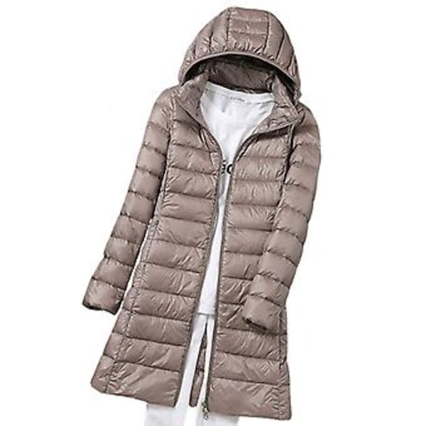 Vinterdunjacka för kvinnor, lång, smal passform, huva, varm jacka lämplig för möten med vänner (XL Khaki)