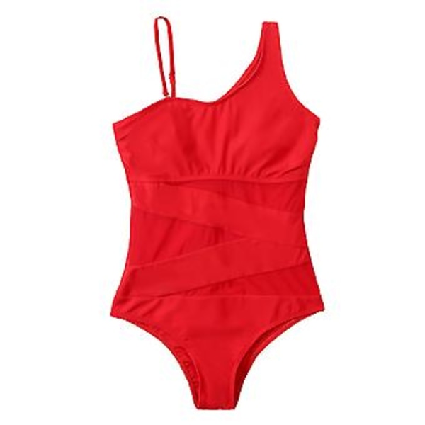 Dam Monokini Mesh Asymmetriska Axelband Badkläder Hög Utskuren En Delig Baddräkt (S Röd)