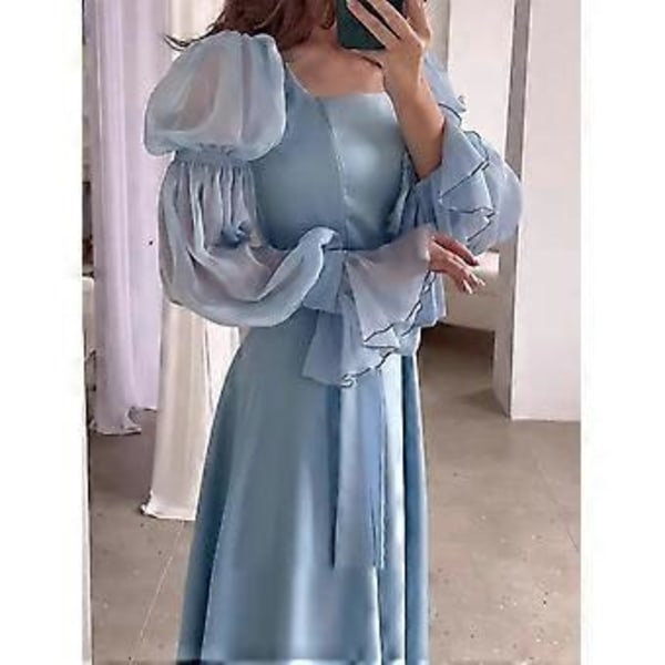Elegant Dam Street Wear Kvinnor Chiffong Satin Aftonklänning Enfärgad Fyrkantig Krage Bälte Utsvängd Ärm Plisserade Damklänningar (2XL)