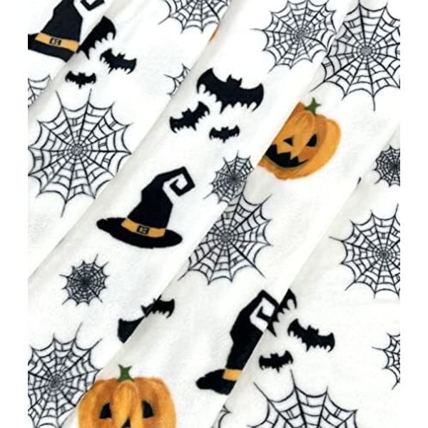 Haunted Halloween Fleece Tæppe: Edderkoppespind Heksehat Sorte Flagermus og Dekorerede Græskar Print på Blødt Fløjl F