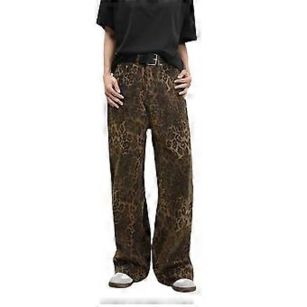 Dame Leopard Print Jeans Bukser Streetwear Nederdel Straight Leg Denim Løse Bukser (M)