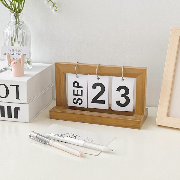Träskivkalender Nordisk stil Skrivbordsdekor Evighetskalender Kreativ sidvändningsringkalender 1 st