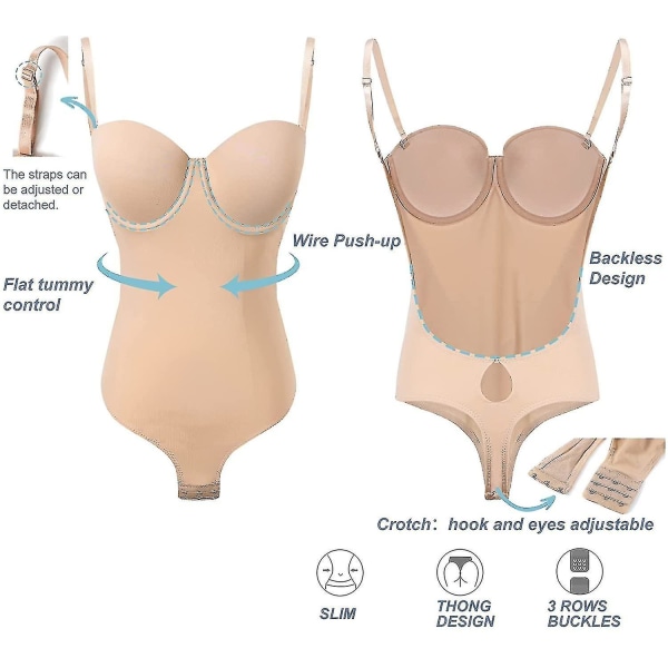 Rygløs Body Shaper til kvinder Push Up BH Lav Ryg Thong Bodysuit.XL.Nude