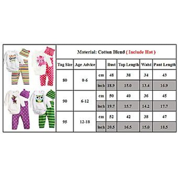3-pack Nyfödd Bebis Toddler Djurtryckt Romper Byxor Beanie Hatt Outfit (12-18 Månader)