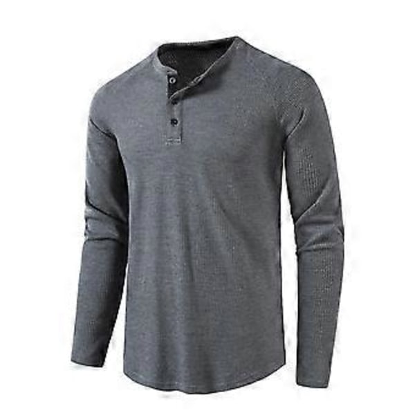 Waffle Henley-skjorte for menn, rund hals, langermet T-skjorte, ensfarget, fritidsklær, komfortabel skjorte for høst og vinter (M mørkegrå)