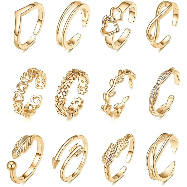 12pcs Flower Arrows Toe Rings Fashion Alloy Feather Jewelry Foot Ring For Women Teen Girls Girlfriend Gold